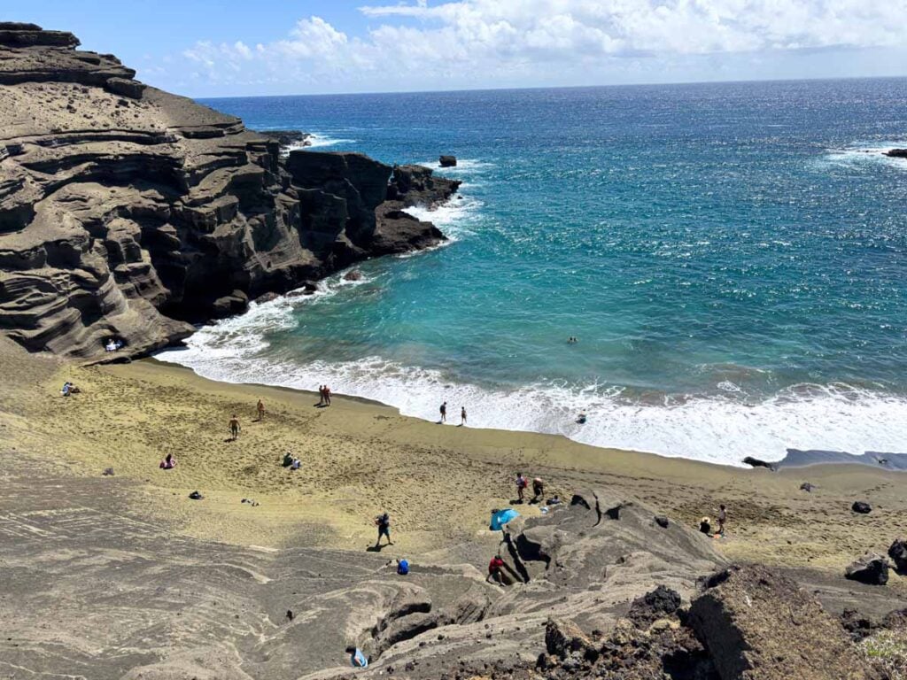 The famous green sand beach on the Big Island at Mahana Beach.
