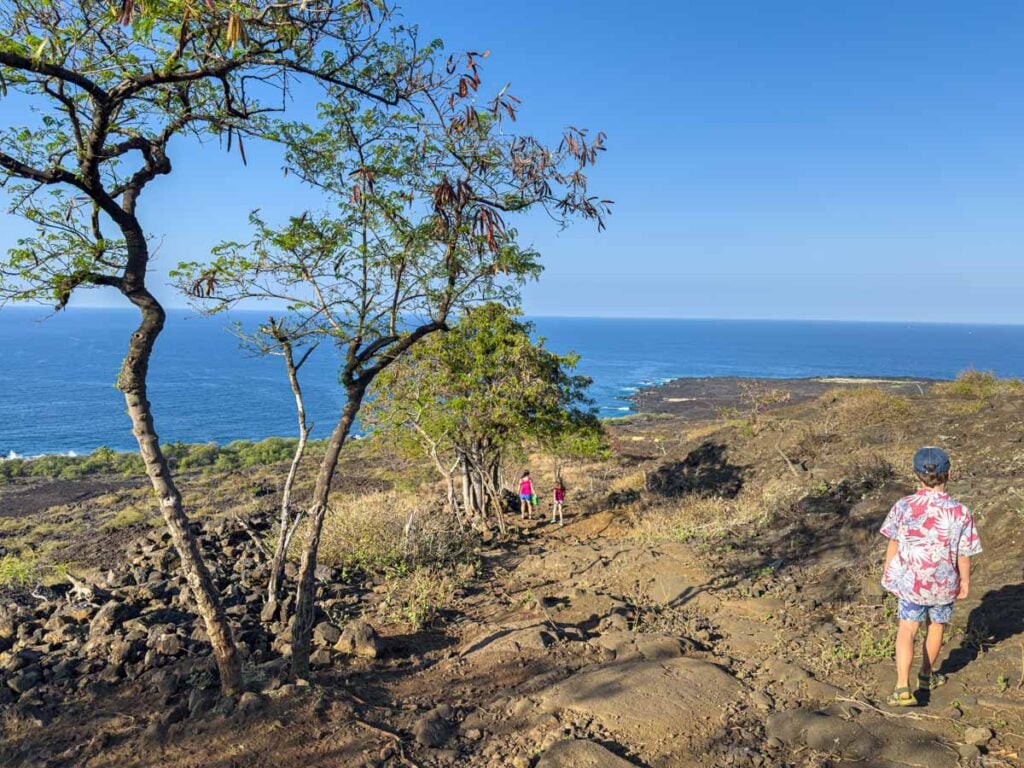 a 9-year old boy on a family vacation to Hawaii hikes to the Captain Cook Memorial to go snorkeling.
