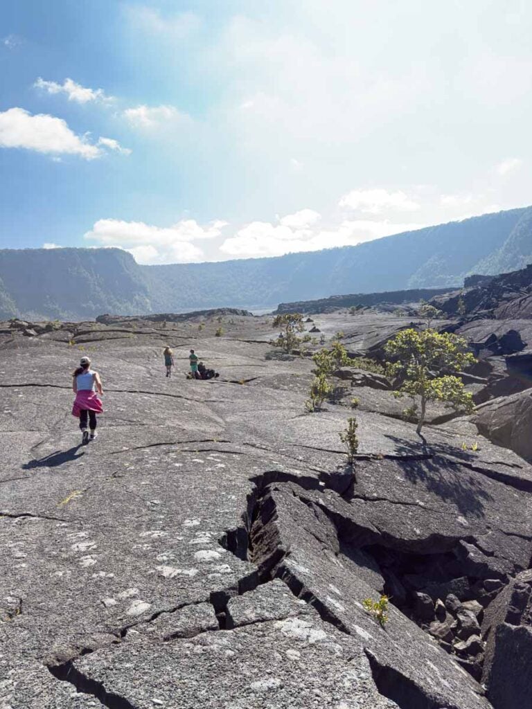 Celine Brewer, owner of FamilyCanTravel.com, follows her kids through an ancient volcano crater on the Kฤซlauea Iki Trail in Hawaii Volcanos National Park on the Big Island.