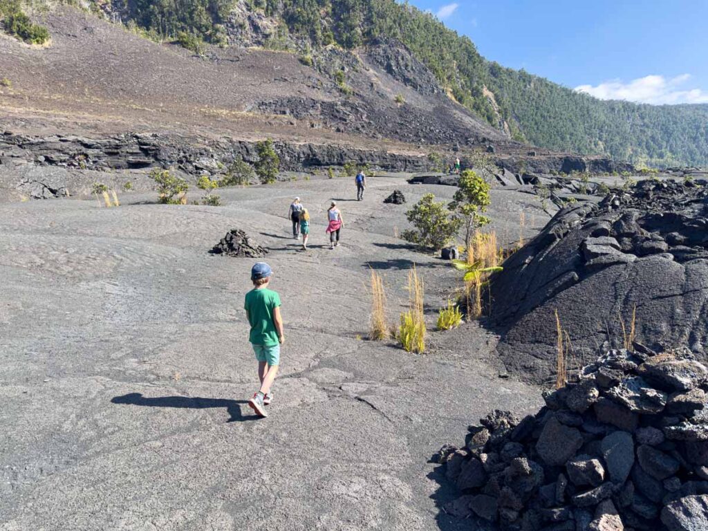 A 9 year old boy on a family trip to Hawaii Volcanos National Park begins a hike on the Kīlauea Iki Trail through an old volcano crater.