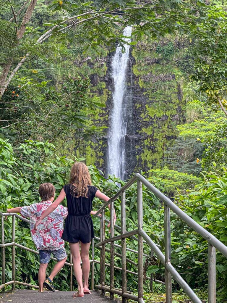 the Brewer kids near the viewpoint for Kahลซnฤ Falls while on an easy hike at Akaka Falls State Park.