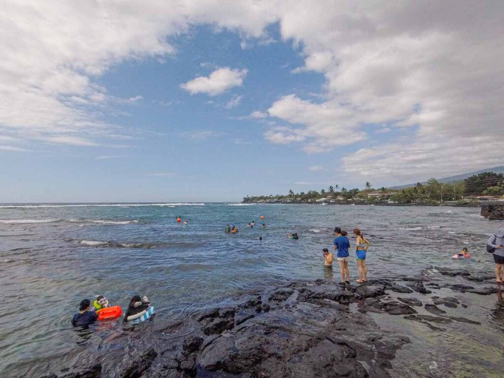 The water is crowded at the 'snorkeling school' at Kahalu’u Beach Park on the Big Island.