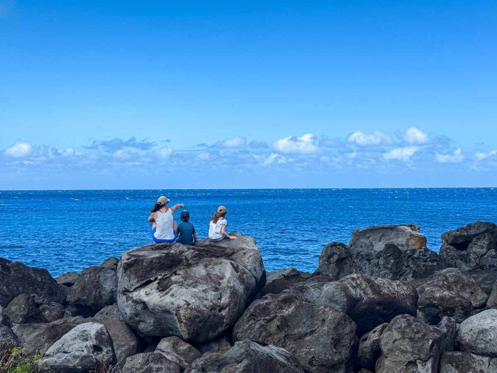 The Brewer family, from the Family Can Travel blog, sits on a rock watching humpback whales on the Moโokini Heiau hiking trail on the Big Island.