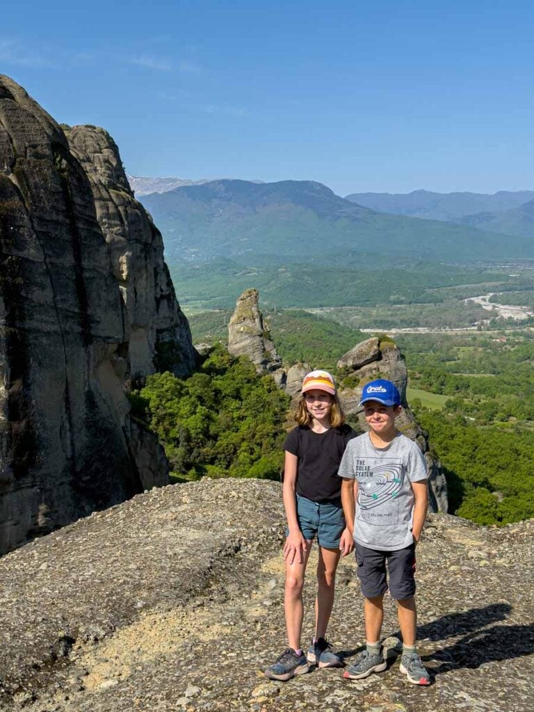 The Brewer kids enjoy a viewpoint while on a family hiking trip to Meteora, Greece.