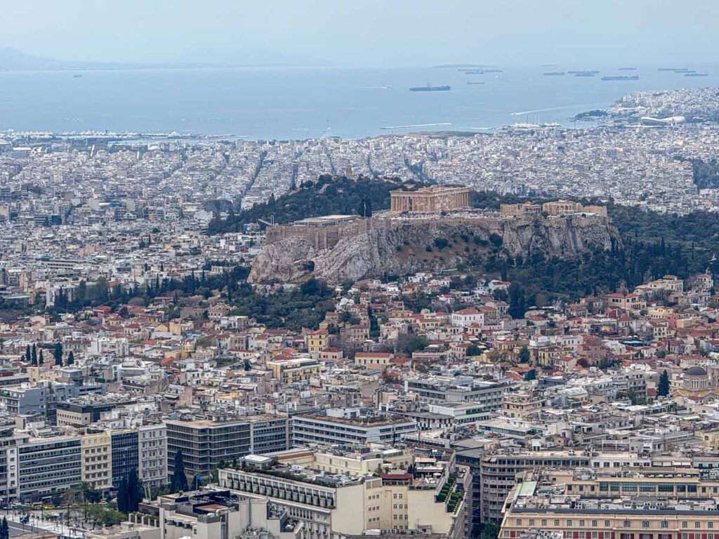a view of Athens and the Acropolis from the popular Lycabettus Hillย viewpoint/