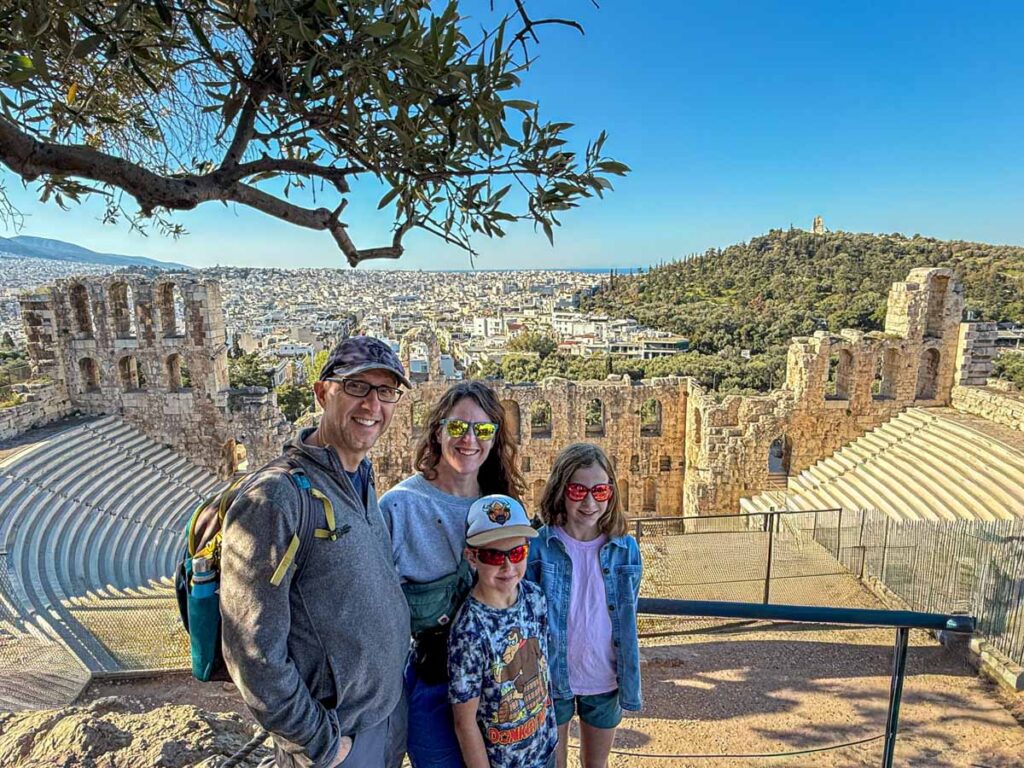 The Brewer family, from the Family Can Travel blog, visit the Odeon of Herodes Atticus on a private tour of the Acropolis and Parthenon.