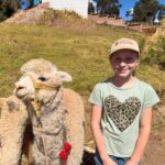 Cusco with kids - hiking with llamas tour an 11-year old girl on a family trip to Cusco, smiles with her alpaca on a family-friendly hiking with llamas tour.