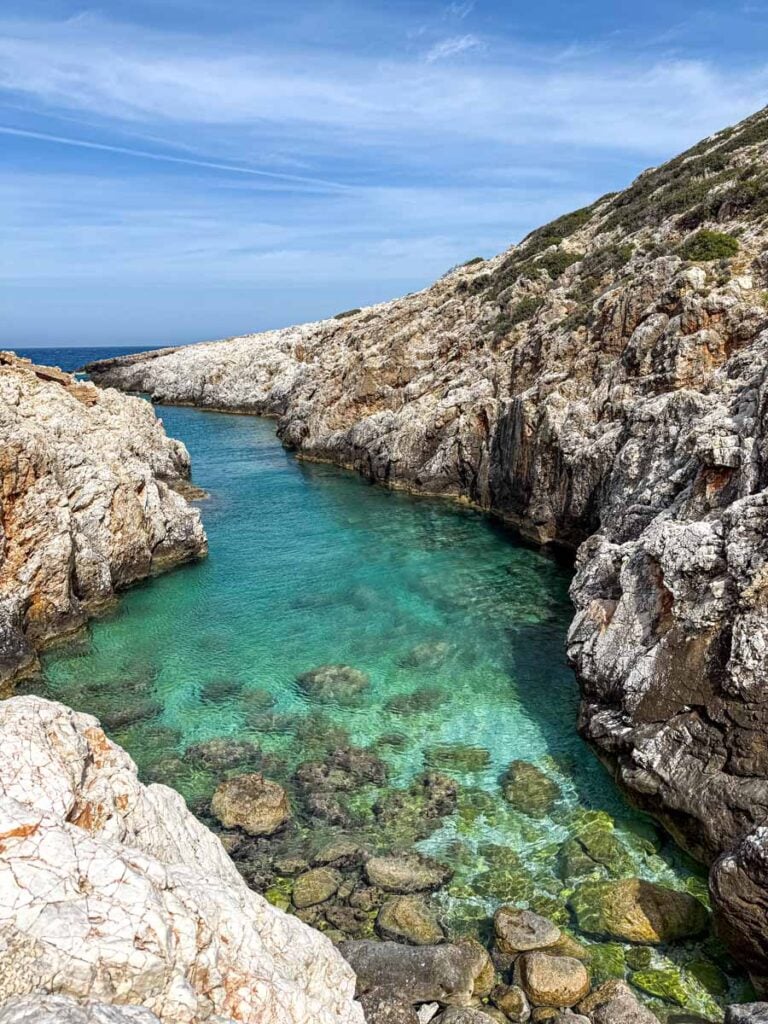 The incredible turquoise water of the Katholiko Fjord in Crete, Greece.