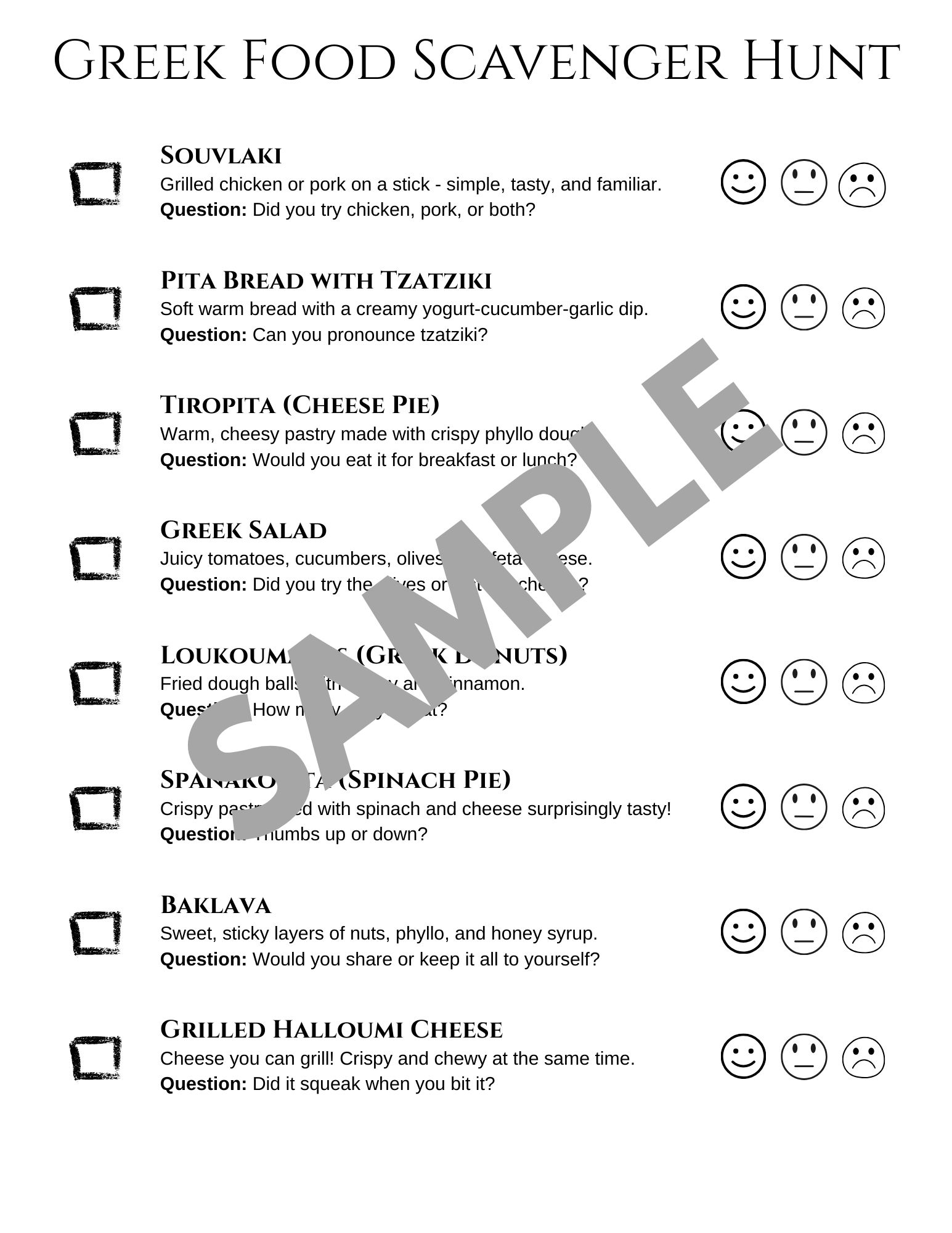 a sample page from the Greek Food Scavenger Hunt - a checklist of kid-friendly Greek foods parents can use to make mealtimes fun & easy on a family vacation to Greece.