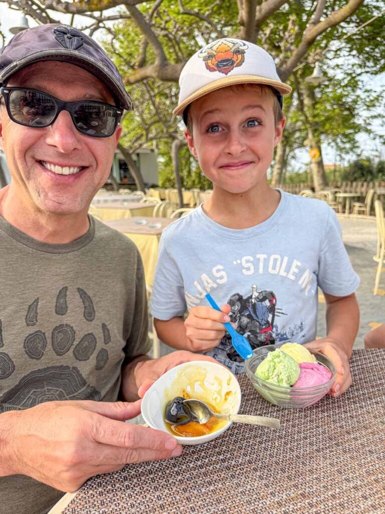 Dan Brewer, owner of FamilyCanTravel.com, enjoys a complimentary dessert after a family dinner in Greece.