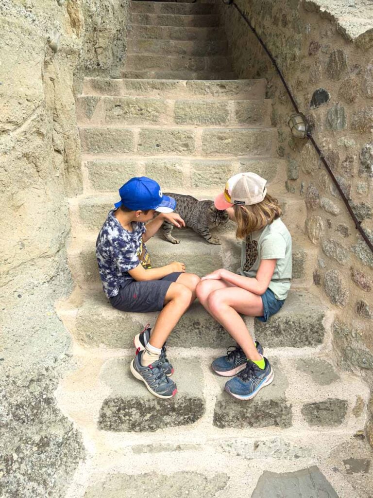 Two kids on a family hiking trip to Meteora, pause at the Holy Trinity Monastery to pet a friendly cat on the stairs.