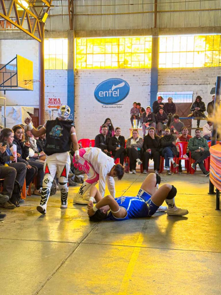 The action spills out of the ring at the Cholitas Wrestling attraction in La Paz, Bolivia.