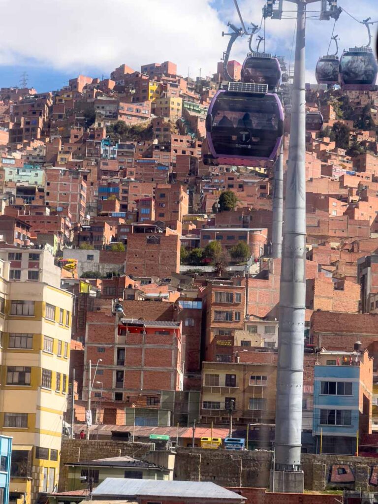 Cable cars from the Purple Line in La Paz, Bolivia.
