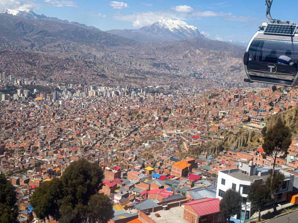 Incredible views of La Paz, Bolivia and Mt. Illimani from a cable car on the Silver line.