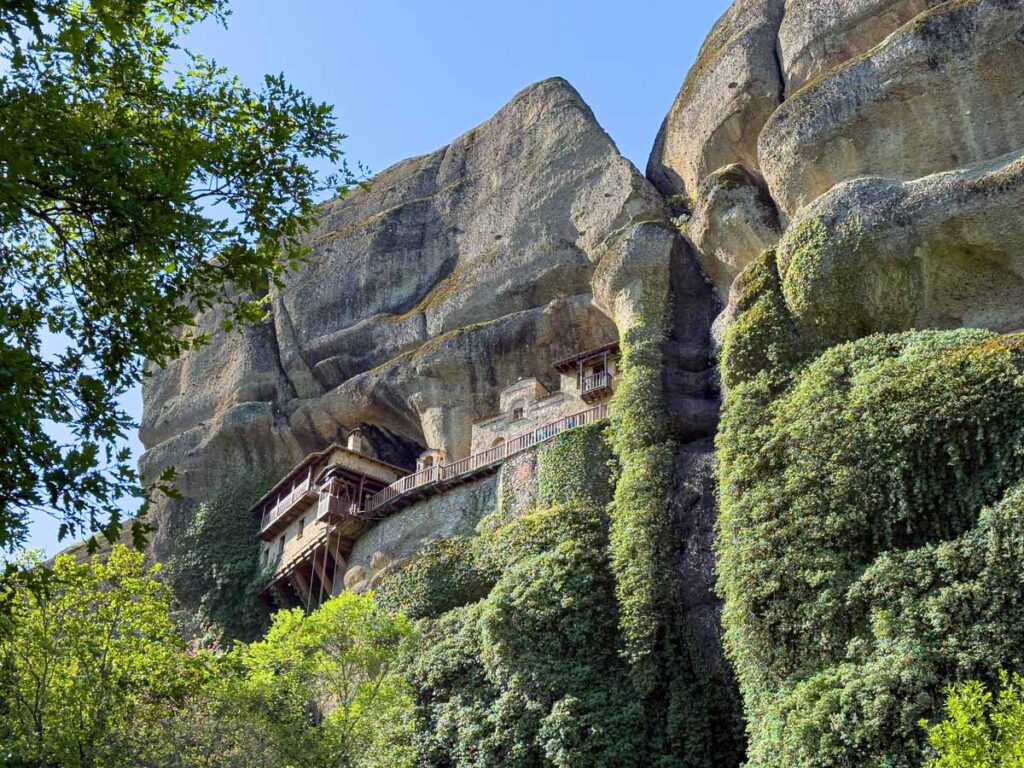 The Ypapanti Monastery is built into a cliff in Meteora, Greece.