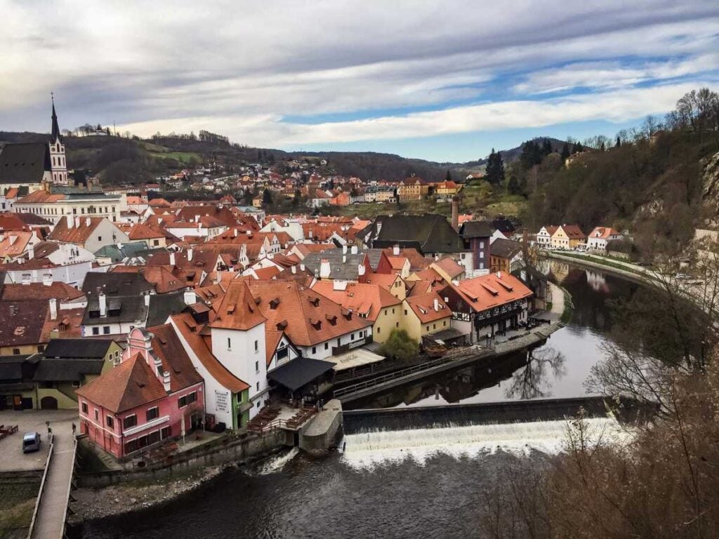 an aerial view of Cesky Krumlov, Czech Republic.