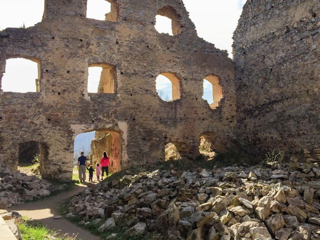 The Brewer family, from FamilyCanTravel.com visits Hrad Divci Kamen - Maiden Stone - a ruined castle near Cesky Krumlov.