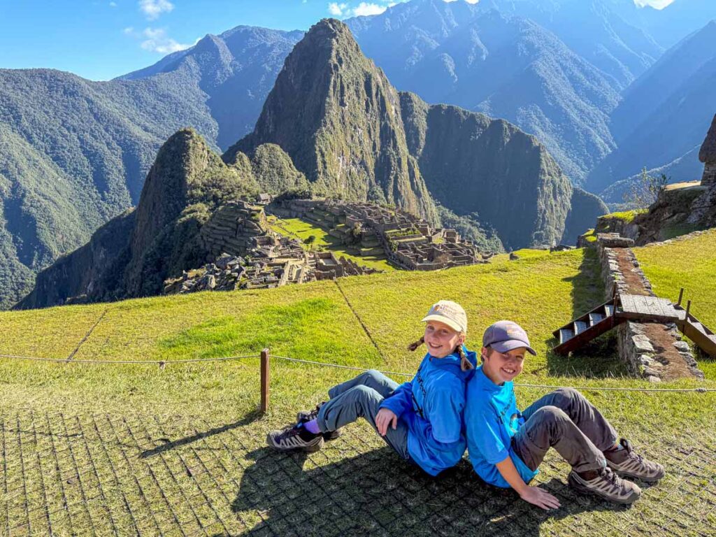 The Brewer kids, from the FamilyCanTravel.com blog, enjoy some fun pictures together after successfully hiking the 4-day Inca Trail with their family.