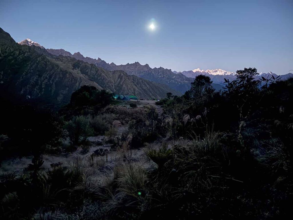 The moon rises over our second campsite on our family hiking trip to the Inca Trail in Peru.