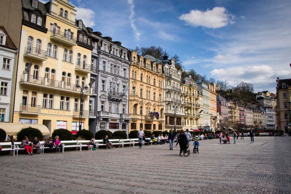 A charming street in old town Karlovy Vary, Czech Republic.