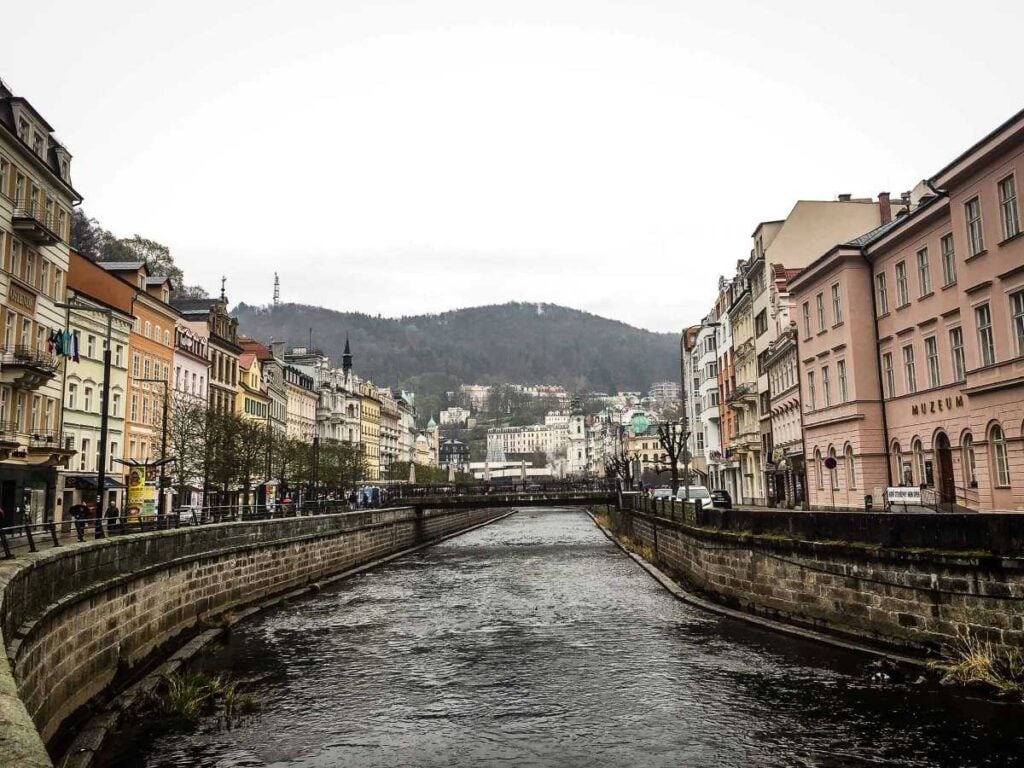 A river flows through Karlovy Vary, Czech Republic.