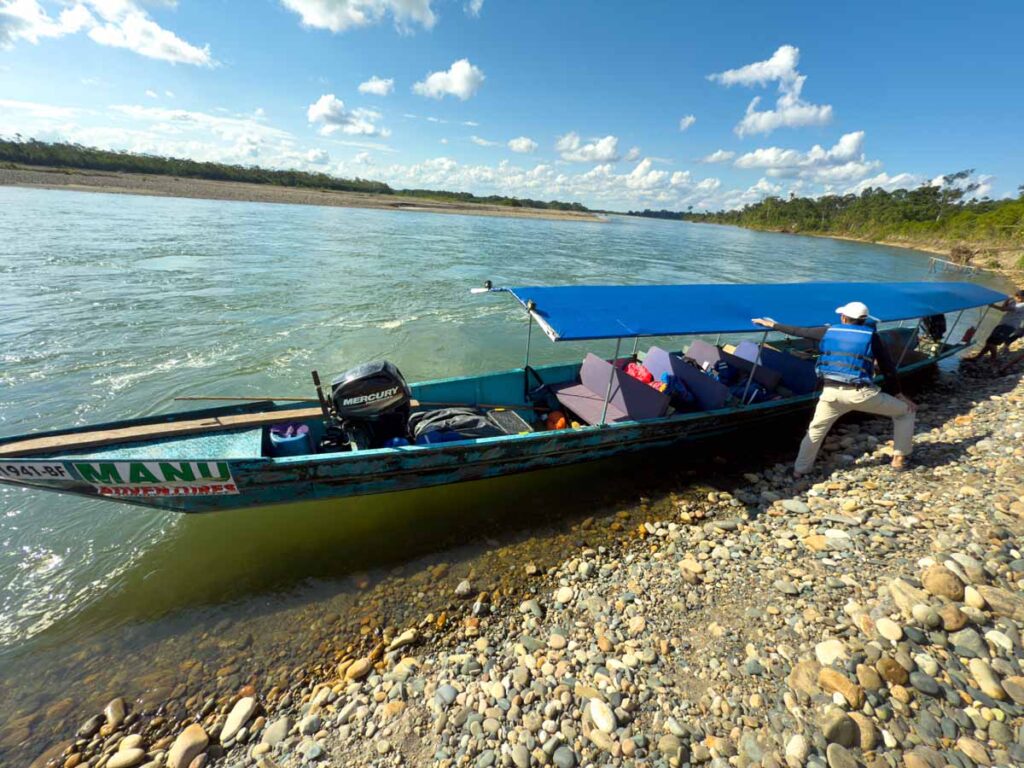 The long, slender boat we used to get to Manu National Park.