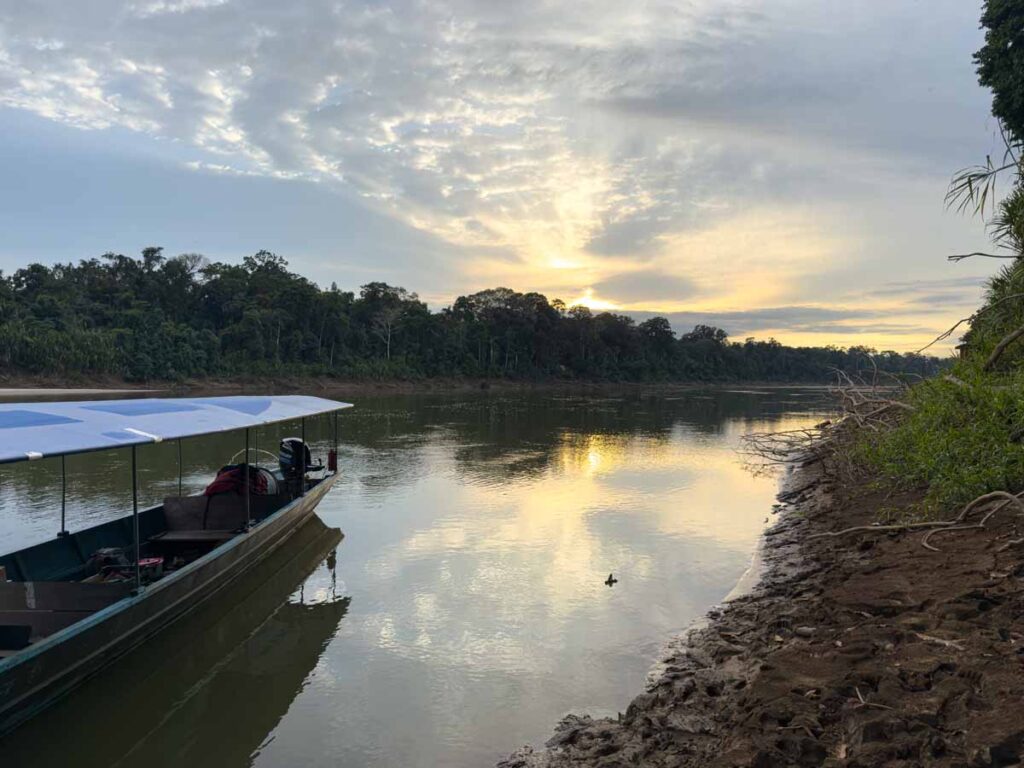 Our riverboat at sunrise on the Rio Madre de Dios in Manu National Park.