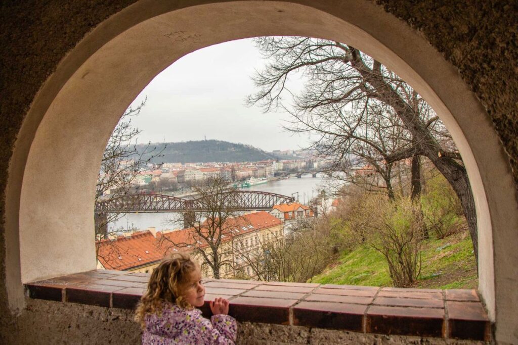 a 4-year old girl visits Vysehrad Fortress on a family trip to Prague, Czechia.