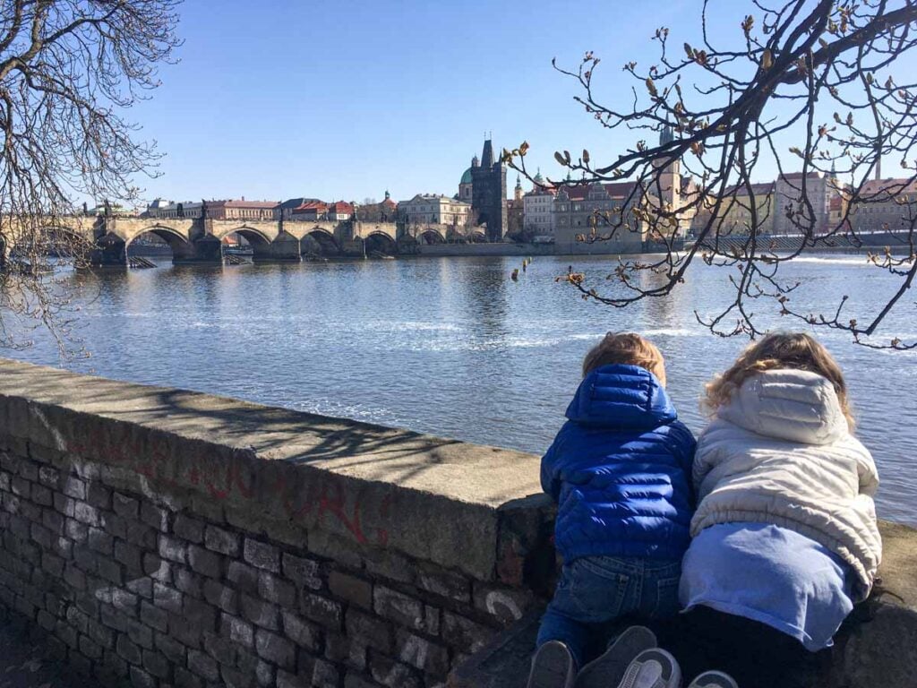 Two kids on a family trip to Prague enjoy an easy walk around Kampa Island.