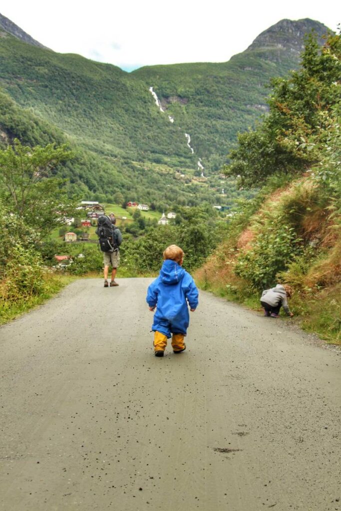 Dan Brewer and his kids walk from their family-friendly cabin to Geiranger, Norway.