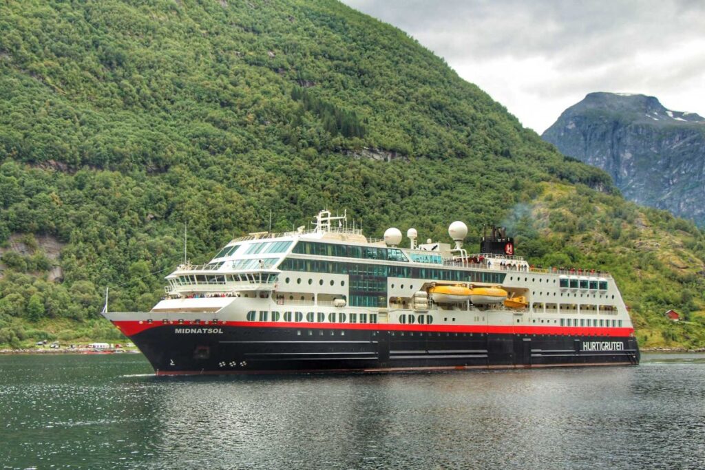 The Hurtigruten ferry docked in Geiranger, Norway.