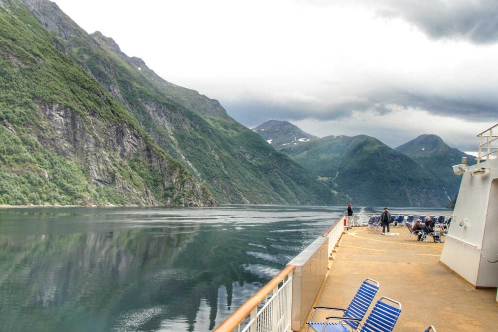 The view of Geirangerfjord from the deck of the Hurtigruten ferry.