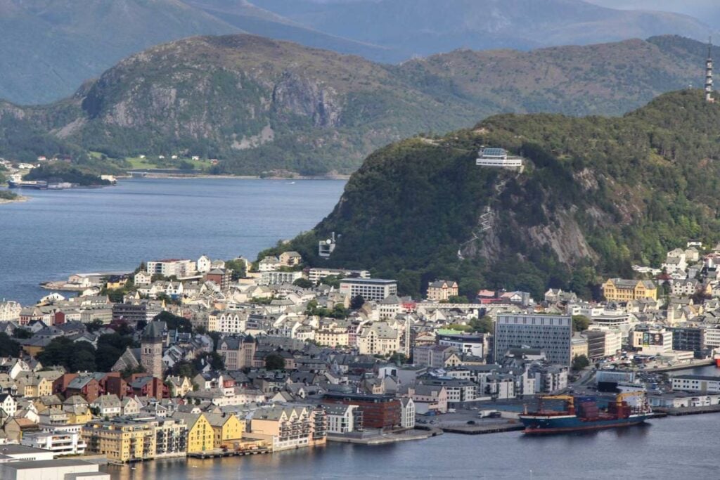 The Aksla viewpoint in Alesund, Norway, as seen from the Sukkertoppen hiking trail.