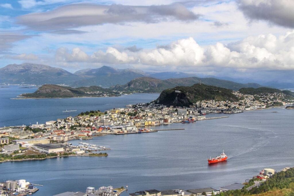 an amazing view of Alesund, Norway from the popular Sukkertoppen hiking trail.