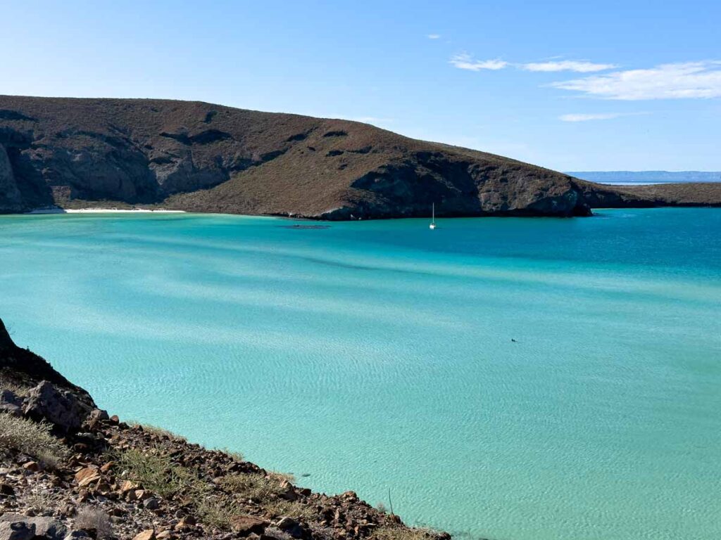 An aerial view of the amazing turquoise water at Playa Balandra.