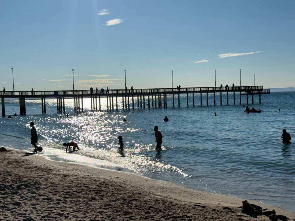a long pier at Playa el Coromuel near La Paz, Mexico.