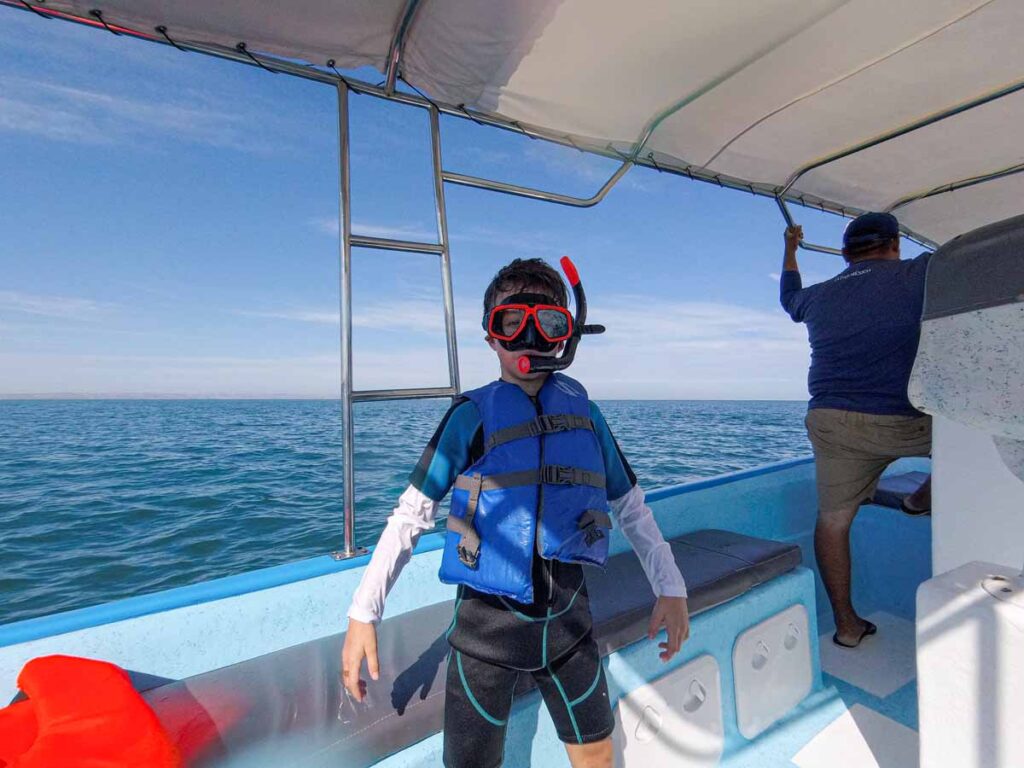 a 10-year old boy in full snorkel gear is ready to go snorkeling with whale sharks in La Paz, Mexico.