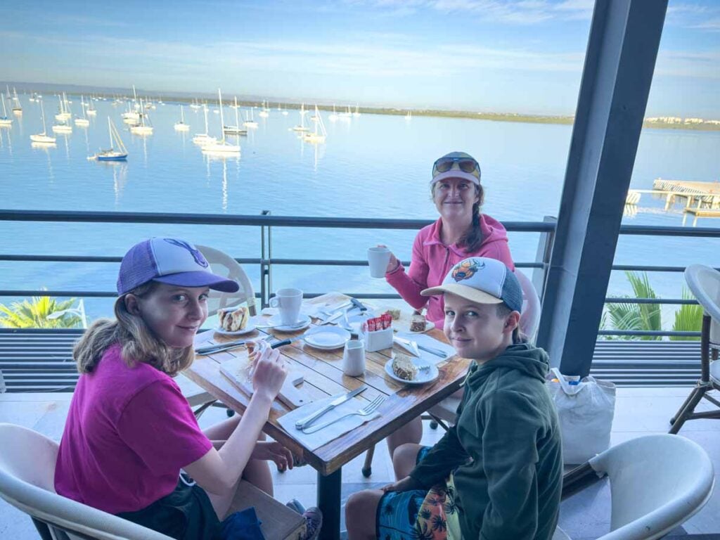 The Brewer family, from FamilyCanTravel.com, enjoys Christmas breakfast at the Quinto Pisto restaurant on the Malecon in La Paz, Mexico.