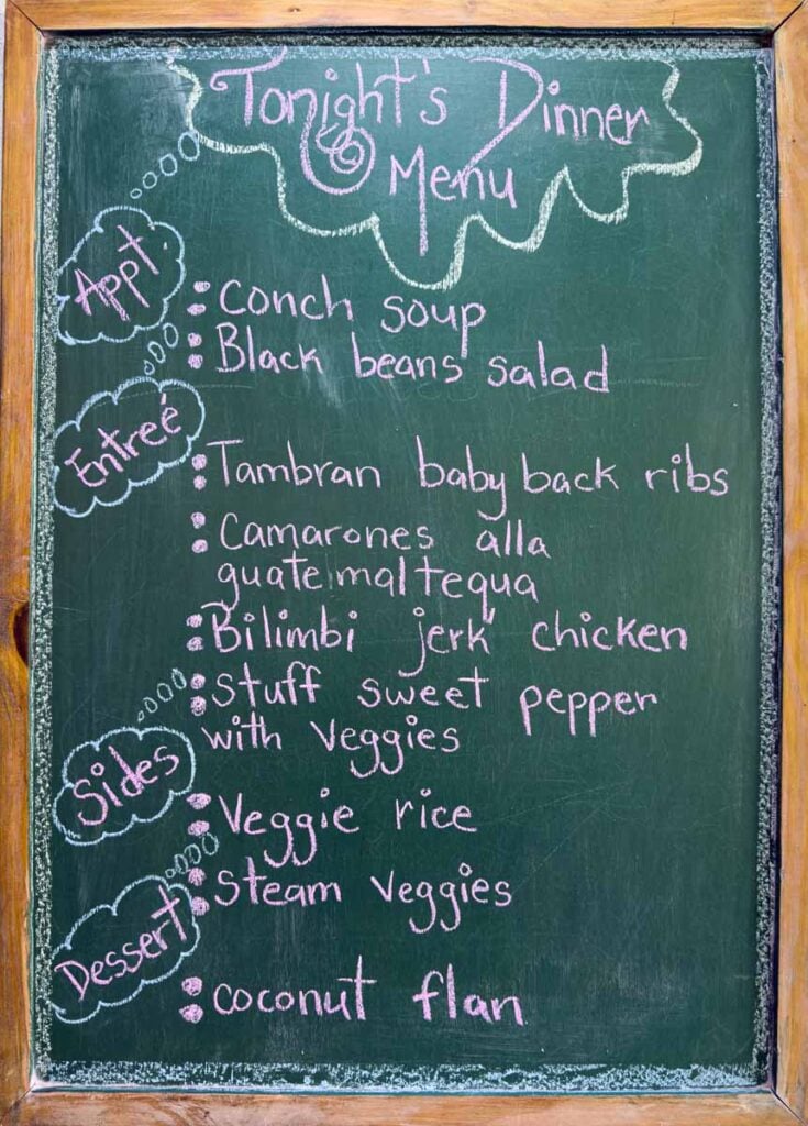 The daily dinner menu at the Treehouse Bar at the Sweet Songs Jungle Lodge in San Ignacio, Belize.
