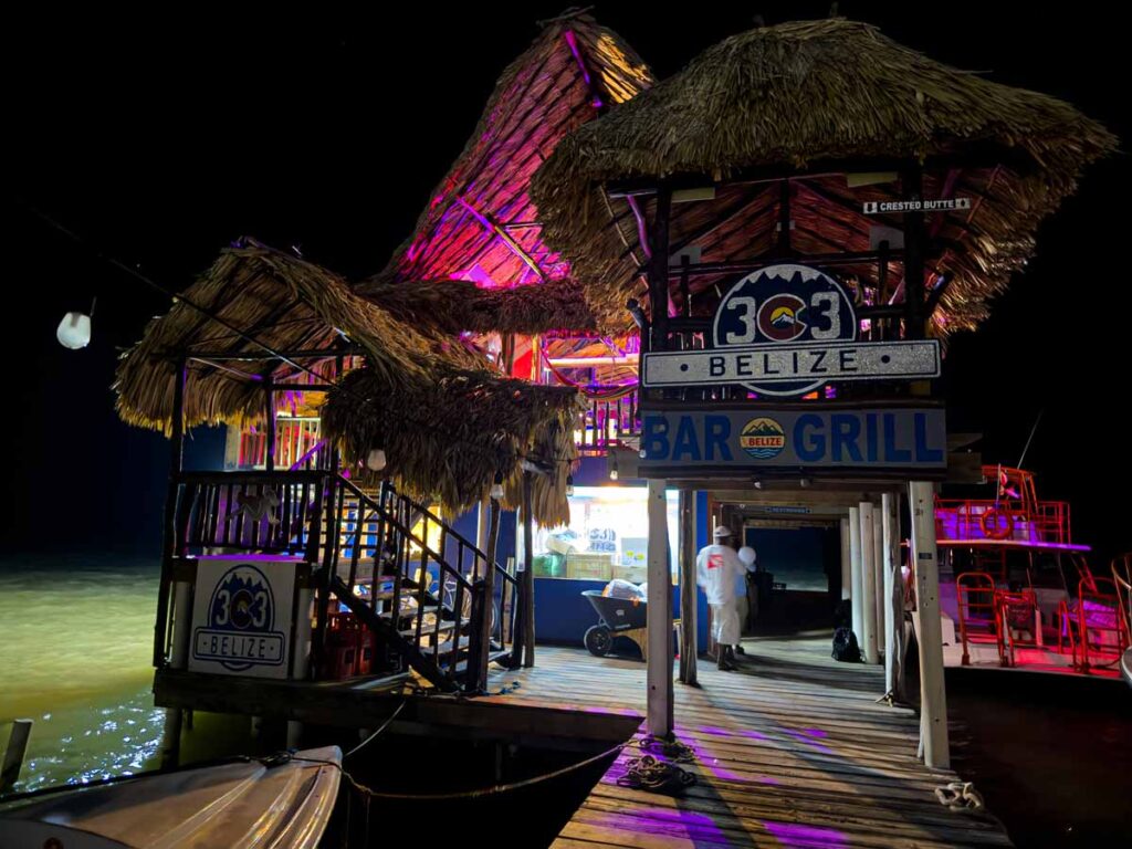 303 Belize Bar & Grill at night on Ambergris Caye, Belize.