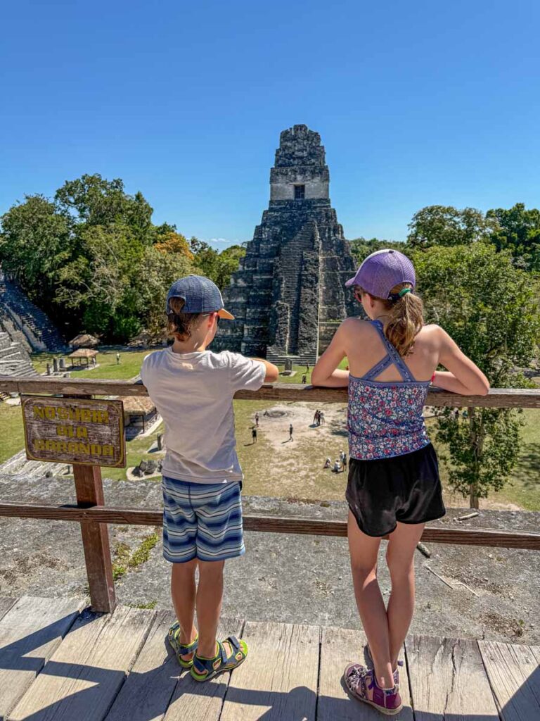 The Brewer kids, from the Family Can Travel blog, visit Tikal in Guatemala during a family trip to San Ignacio, Belize.