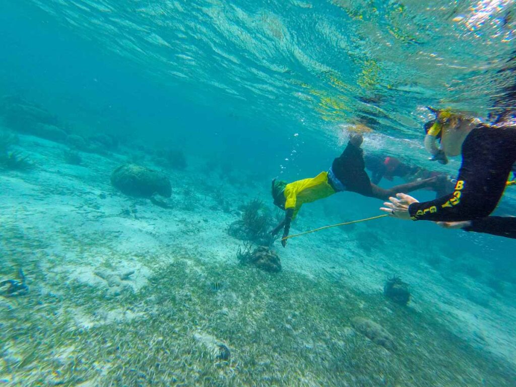 The Brewer family, from FamilyCanTravel.com, enjoys a snorkeling tour during a family trip to Ambergris Caye, Belize.