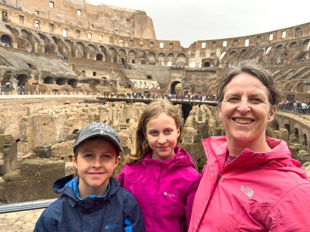 Celine Brewer and her kids visit the Arena floor in the Colosseum, during a 1 day trip to Rome.