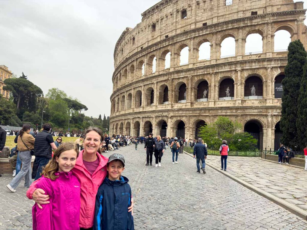 Celine Brewer, owner of FamilyCanTravel.com, visit the Colosseum with her kids during a 1 day trip to Rome.