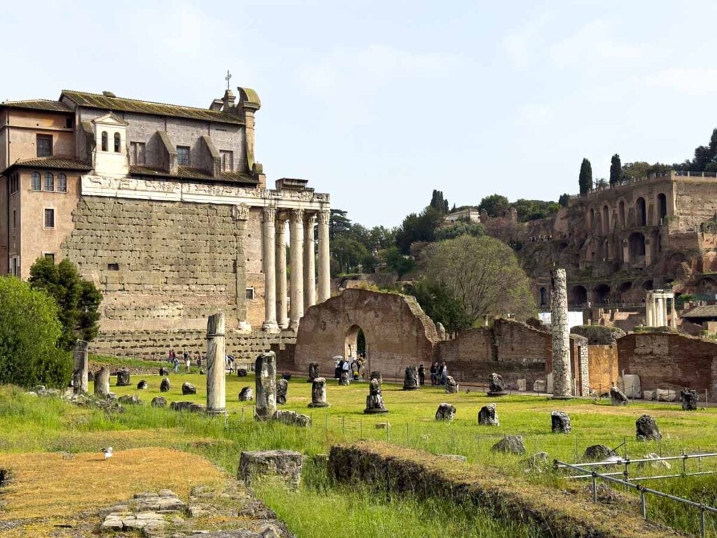 The ruins of ancient buildings in the Roman Forum.