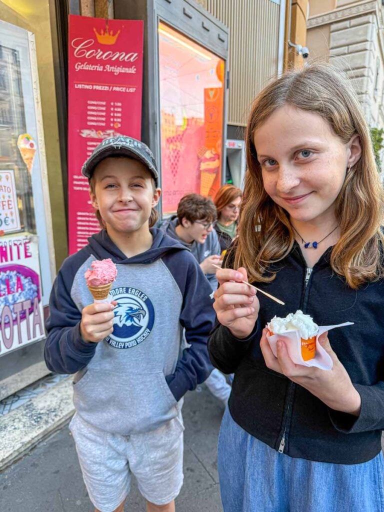 The Brewer kids enjoy gelato on a family-friendly food tour in Rome on Easter Sunday.