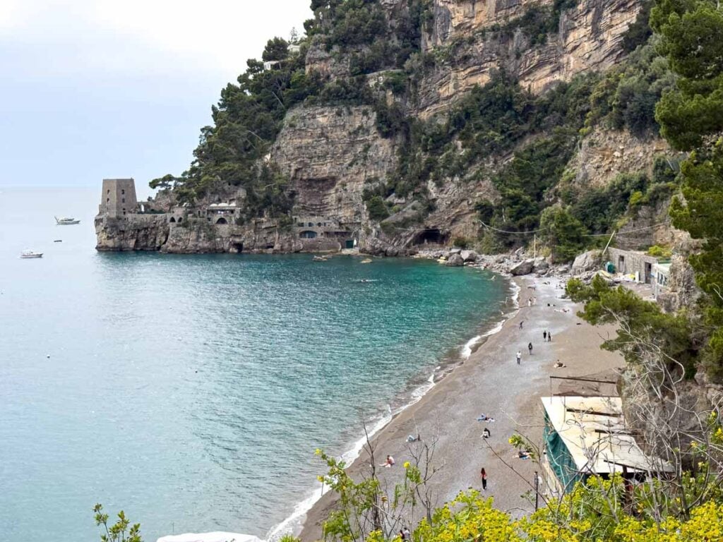 An elevated view of Spiaggia di Fornillo in Positano, Italy.