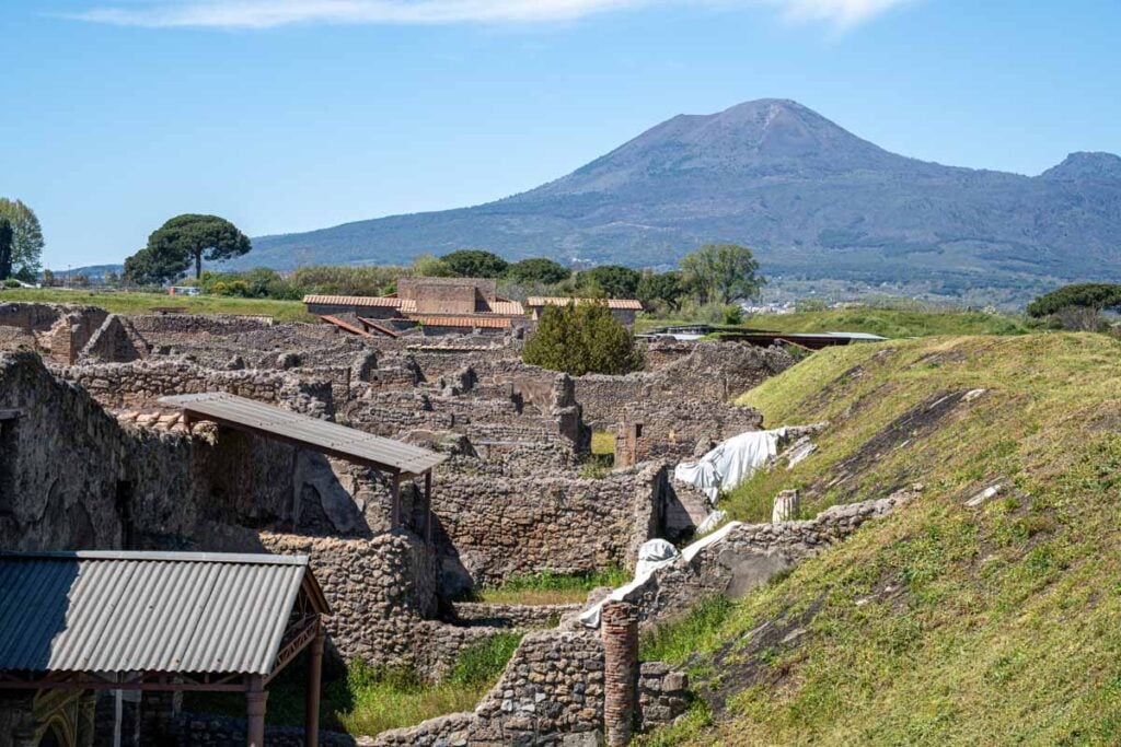 Mount Vesuvius is seen behind the Pompeii ruins.