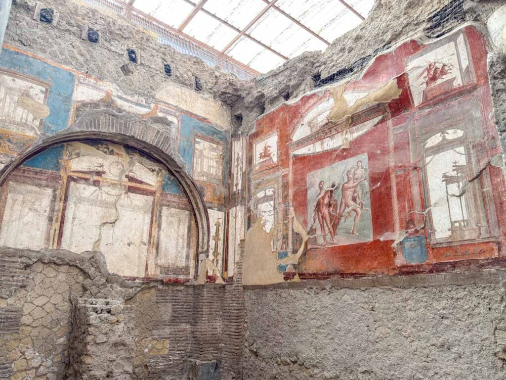 intricate tile work in a well-preserved house in the Herculaneum ruins near Pompeii.