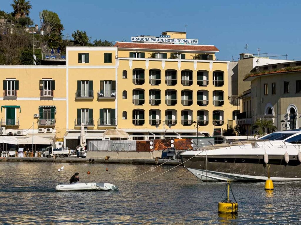 The oceanfront location of the Aragona Palace Hotel & Spa in Ischia, Italy.